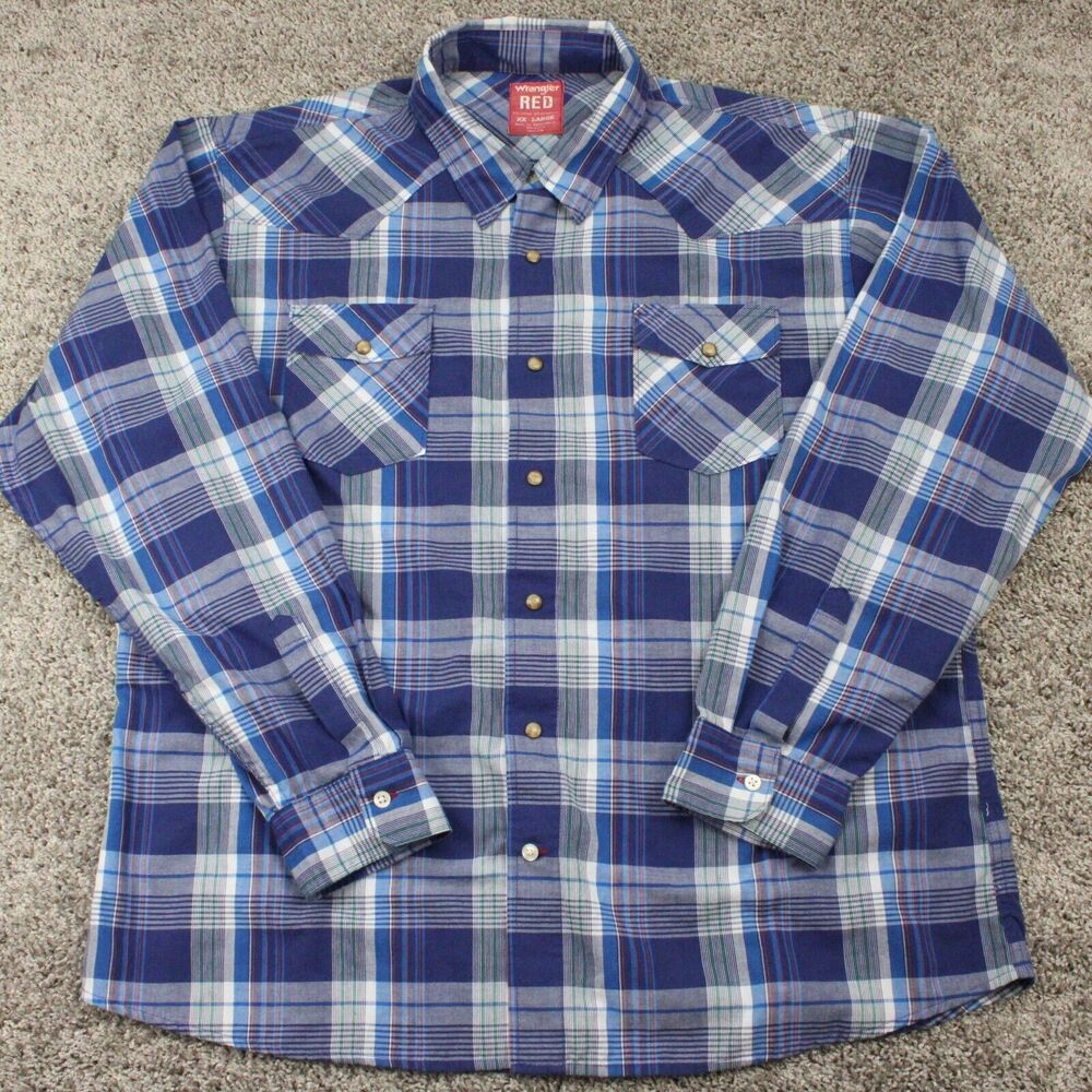 Wrangler Red Plaid Shirt Mens XXL Blue Long Sleeve Western Snap Front